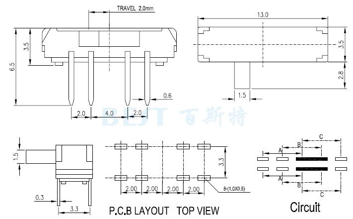 微型撥動開關MSK23D38參考圖紙